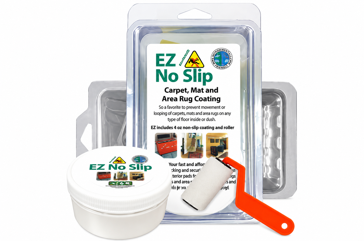 EZ No Slip carpet, rug and mat anti-slip coating kit with tub, roller, and applicator tray.