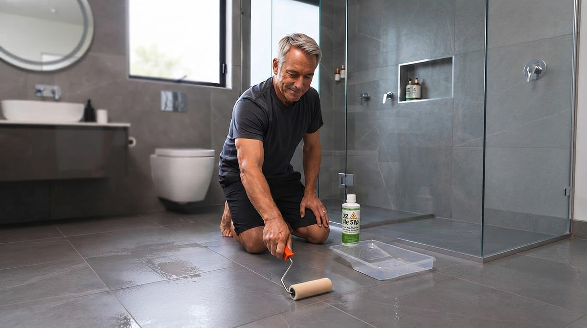 Applying EZ No Slip anti-slip coating to a bathroom tile floor with a roller.