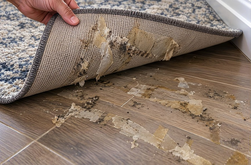 Rug backing with peeling adhesive residue and debris left on a hardwood floor after the rug is lifted.