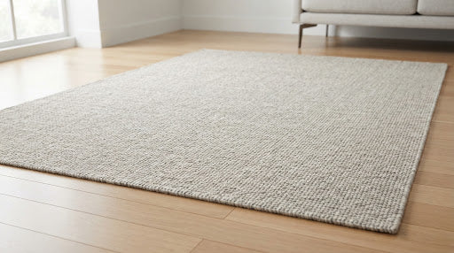 Area rug treated with EZ No Slip anti-slip coating, drying flat on a hardwood floor.