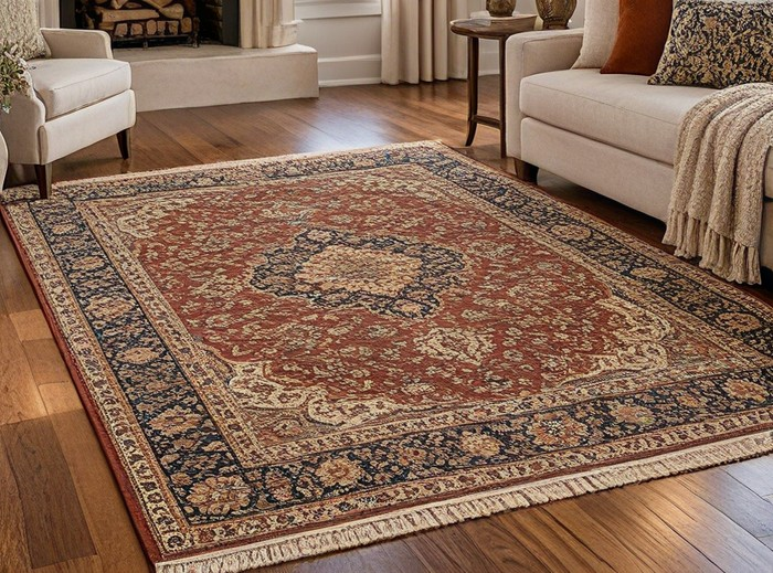 Ornate red and navy decorative area rug on a hardwood floor in a living room.