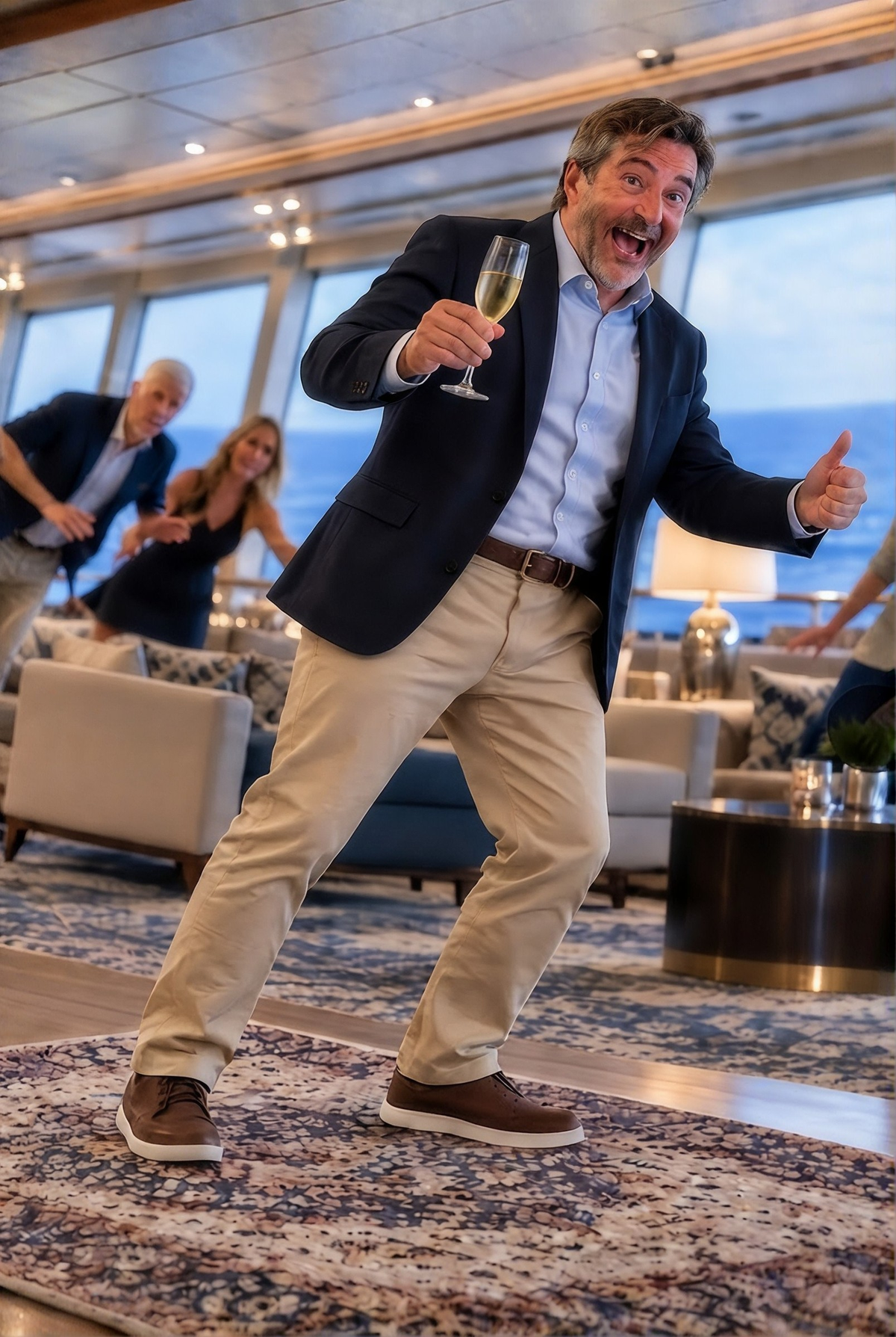 A man stands confidently on a flat, patterned area rug treated with EZ No Slip on a hardwood floor.
