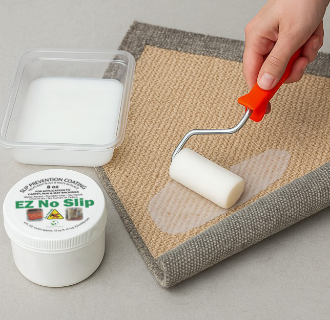 Applying EZ No Slip anti-slip coating to the backing of an area rug using a roller.