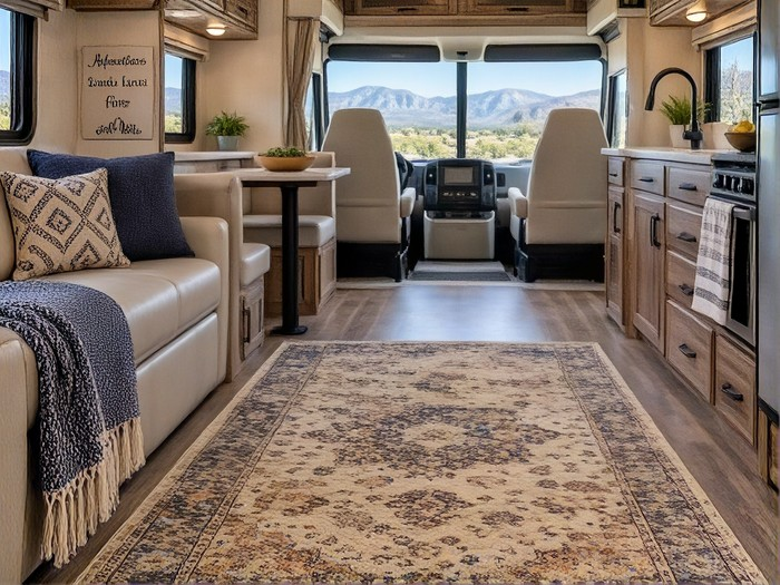 Area rug placed on the floor of an RV or camper living area between the seating and kitchen cabinets.