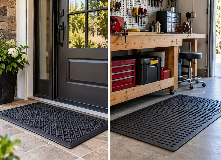 Black textured rubber mats shown at a home entrance and beneath a workbench in a garage.