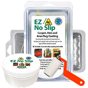 EZ No Slip carpet, rug, and mat coating kit displayed on a living room rug.