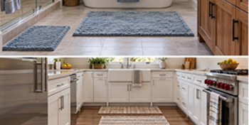 Gray non-slip mats on a bathroom floor and a runner rug in a kitchen.