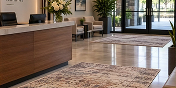 Large patterned area rug in a commercial reception area with a front desk and seating.