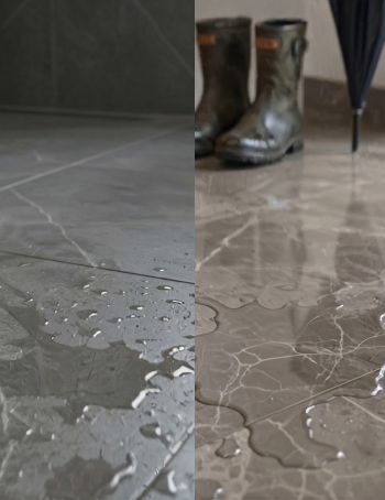 Wet tile floor comparison showing anti-slip treatment to improve traction.