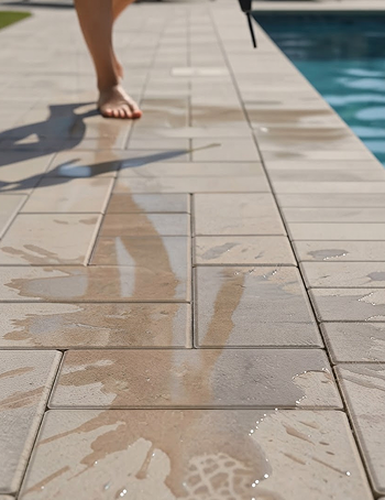 Wet poolside paving stones treated to help reduce slipping.