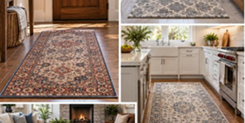 Area rug with ornate patterned design on hardwood flooring and in a kitchen.