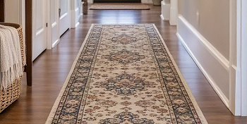 Long patterned runner rug positioned along a hardwood hallway.