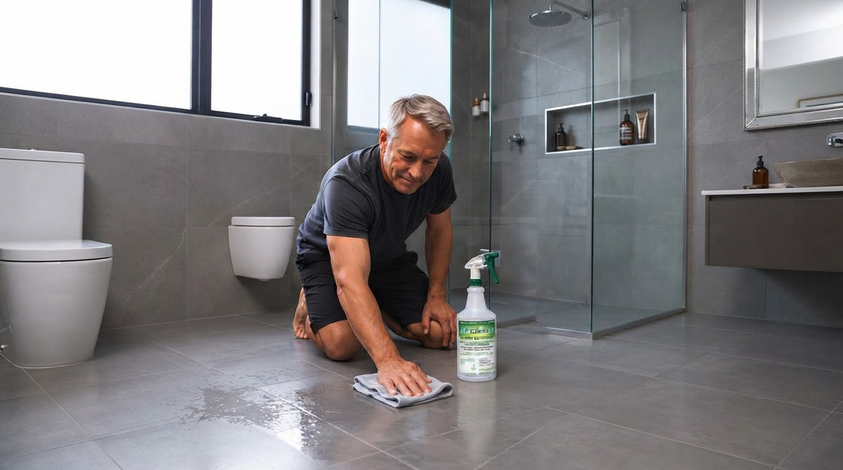 Applying EZ No Slip anti-slip coating to a bathroom tile floor using a cloth to clean and prepare the surface.