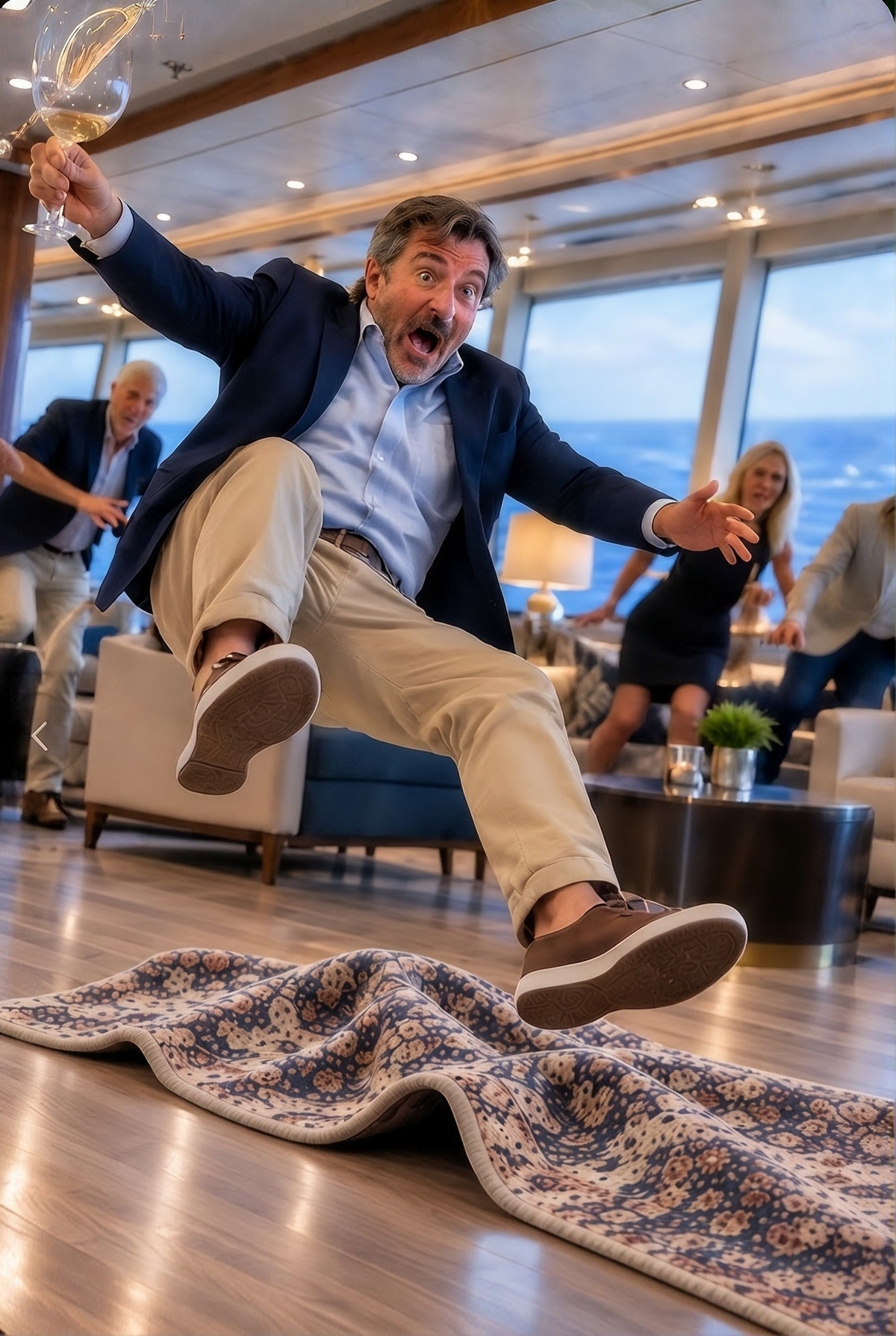 A man loses his balance as he steps on a loose, bunched-up patterned area rug on a hardwood floor.