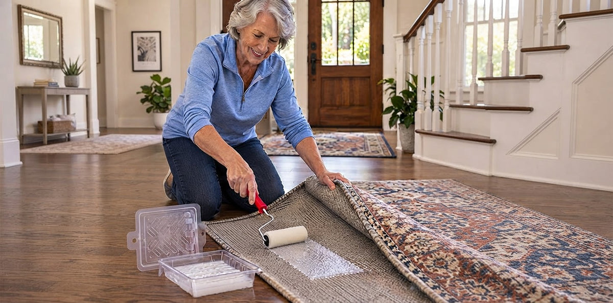 Applying EZ No Slip anti-slip coating evenly to the underside of an area rug using the included roller.