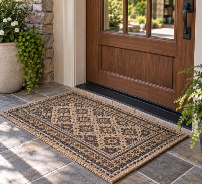 Patterned doormat placed outside a wooden front door on a tiled entryway.