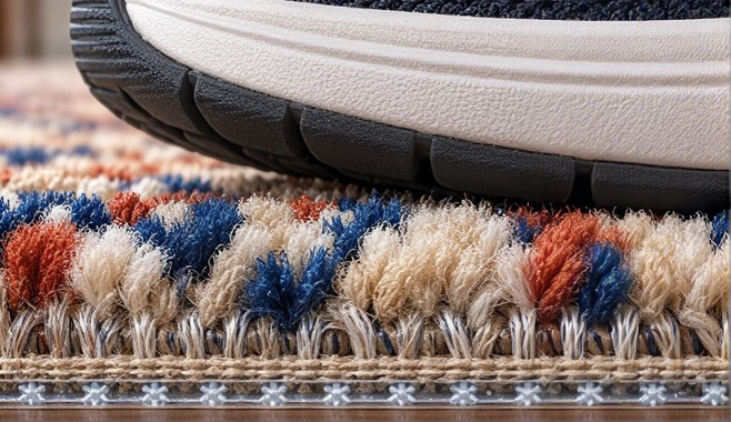 EZ No Slip micro-grippers on the underside of an area rug, shown in magnified detail gripping the rug fibers to help prevent slipping.