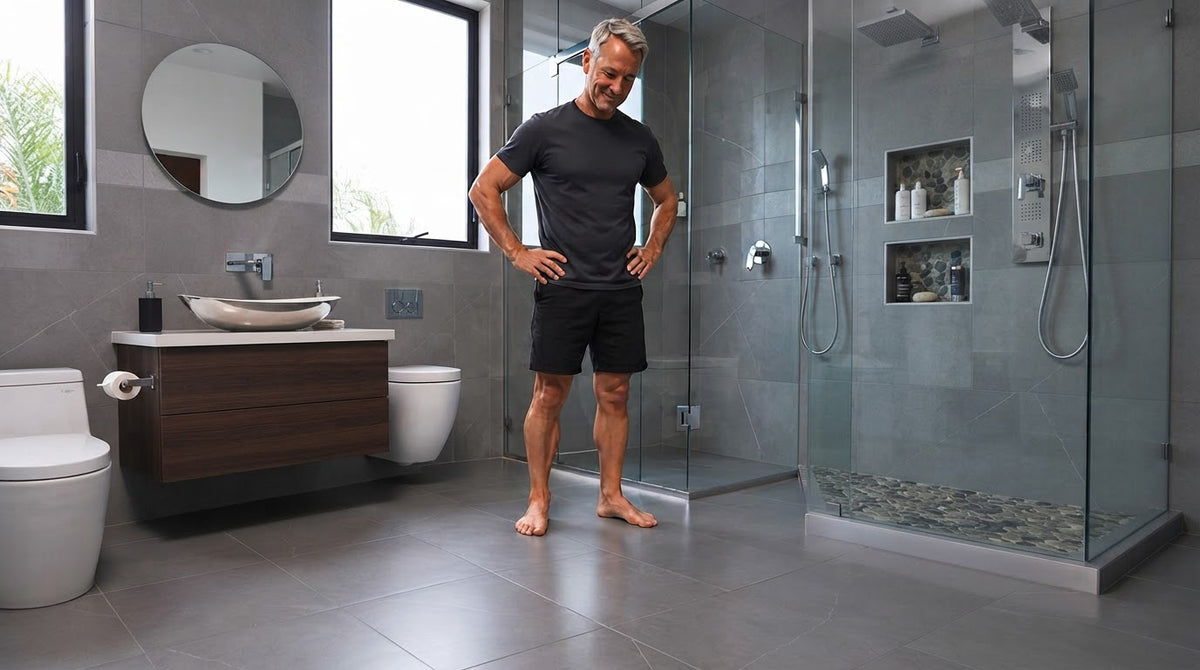 Standing on a bathroom tile floor after applying EZ No Slip anti-slip coating, allowing the treated surface to dry and cure.