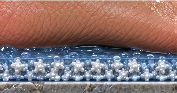 Close-up of EZ No Slip anti-slip coating showing raised traction beads on a bathtub or shower surface beneath wet skin.
