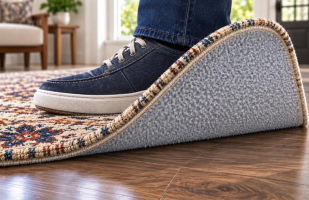 Area rug being lifted at the corner to reveal its textured backing and demonstrate how EZ No Slip micro-grippers help keep the rug in place on a hardwood floor.