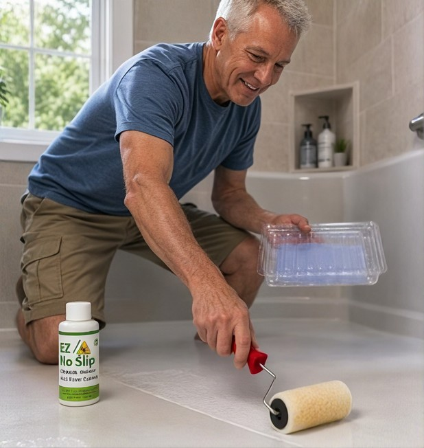 Applying EZ No Slip anti-slip coating to a shower floor.