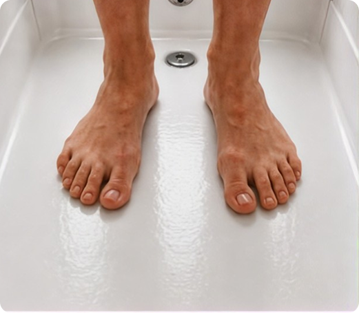 Feet standing on a treated shower floor with anti-slip coating
